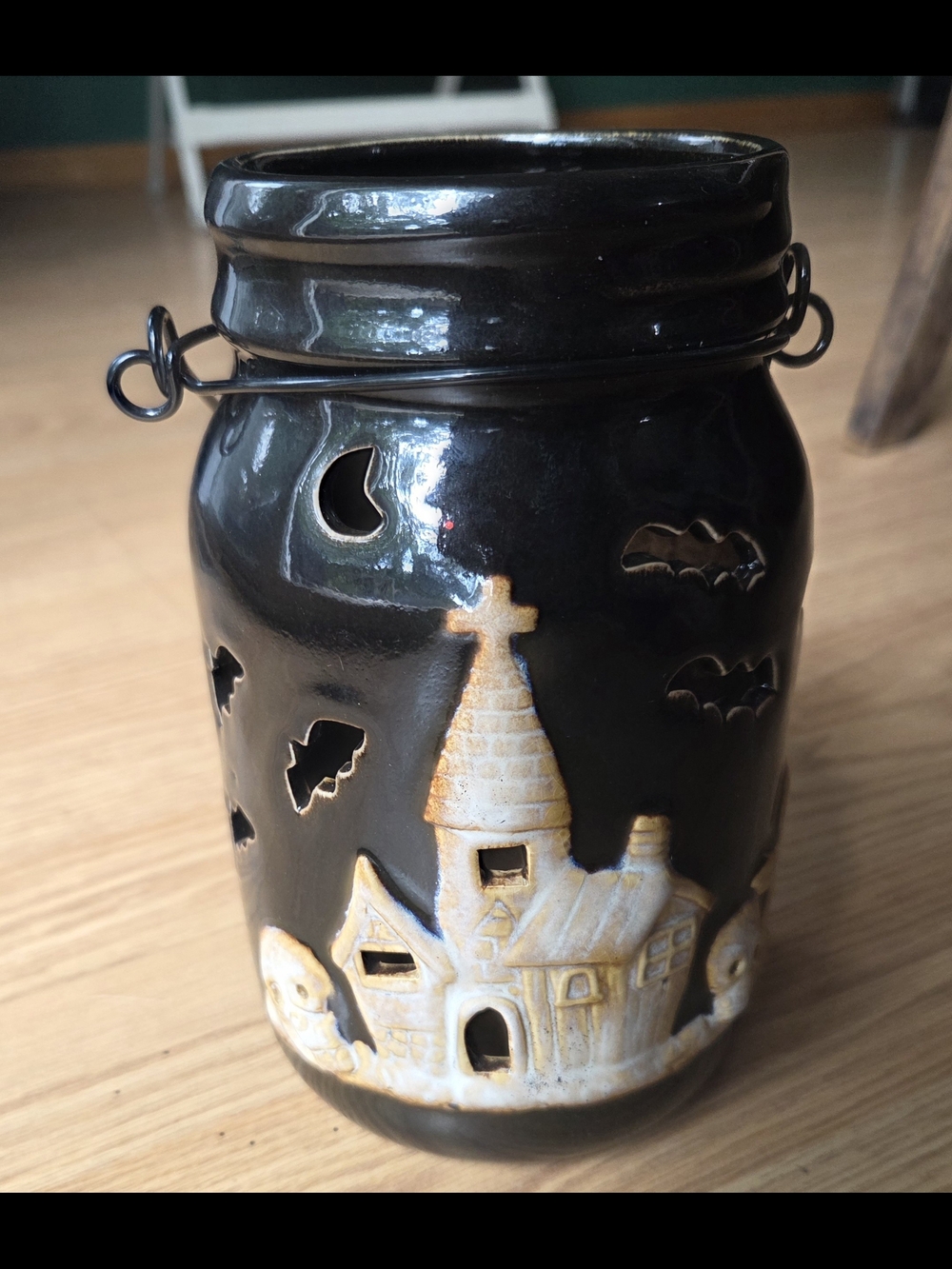 Kane Home Halloween Ceramic Jar Lantern - Black with Cream Haunted House